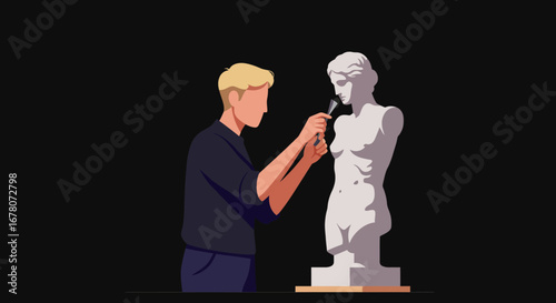 A blond artist meticulously carves a classicalstyle male bust sculpture in a dark setting