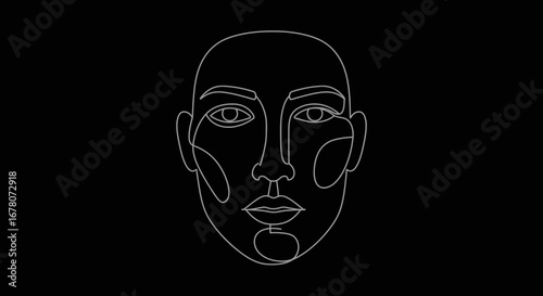 A line drawing of a bald human face with prominent facial features