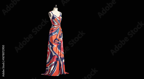 A patterned dress drapes on a mannequin against a stark black backdrop