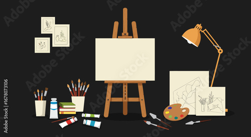 A vector art studio scene with a canvas brushes paints and a lamp on a dark background