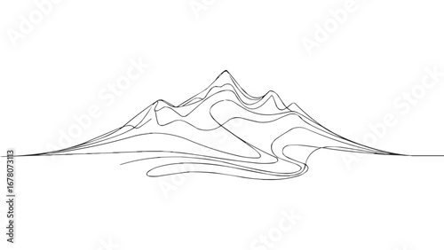 Minimalist continuous line drawing of mountain landscape contour outline for travel, adventure, decor, logo, or t shirt design