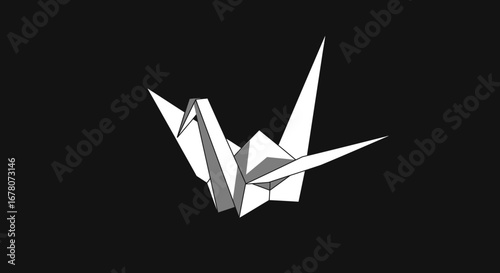 A white origami crane detailed with shadows stands out against a dark background