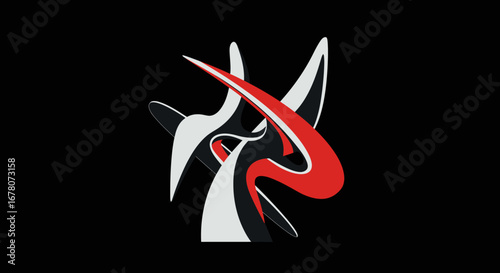 Abstract design black white  red shapes intersect against a black background