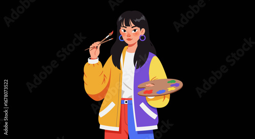 Cartoon woman holds brushes  palette wearing a 2tone jacket in front of a black background