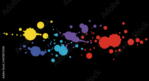 Colorful paint splatters on a black background form a horizontal array of vibrant pigment blots