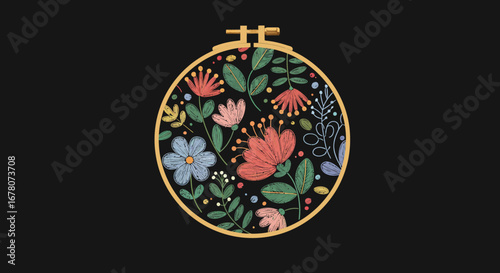 Embroidery hoop displaying colorful floral design on a black background