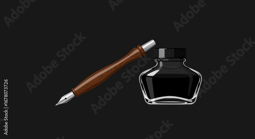 Fountain pen lays by a glass inkwell filled with black ink set against a dark backdrop