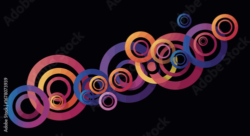 Interlocking gradient circles create an abstract layered pattern on a black backdrop