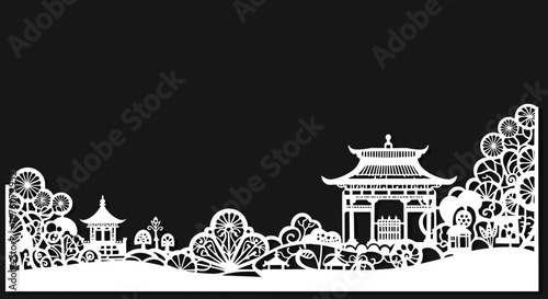Intricate white silhouette of a Chinesestyle garden on a black background featuring pagodas and ornate floral patterns