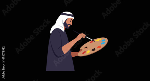 Man with beard wearing white headdress and dark robe holds painting palette and paintbrush