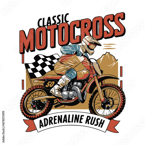 Classic motocross rider on vintage dirt bike with racing flag and mountain background for adrenaline rush t shirt design