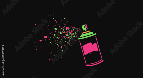 Spray can emitting pink  green paint splashes on a black backdrop