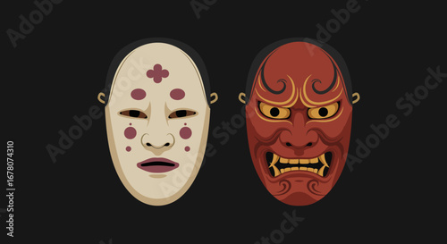 Two Japanese masks one pale with spots one red with horns on a black background