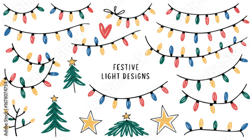Hand drawn festive Christmas lights with stars and trees decorative holiday illustration for celebration card and t shirt design