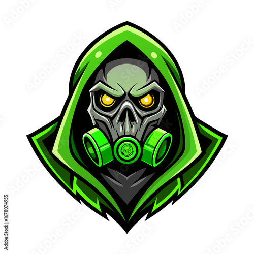 Toxic Green Skull with Gas Mask and Glowing Elements in Edgy Vector Style