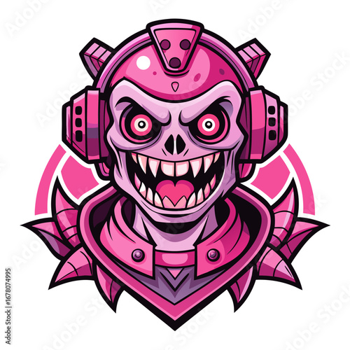 Psychedelic Pink Horror Mascot with Warning Labels and Exaggerated Gear