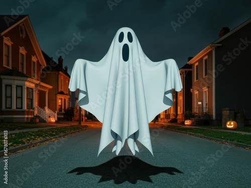 A white sheet ghost floating on a street at night with halloween pumpkins and houses in background