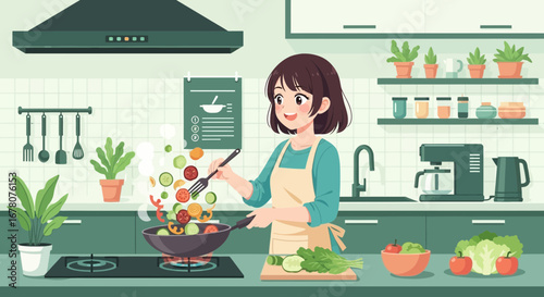 Animated woman cooking vegetables in a modern kitchen with a smile face