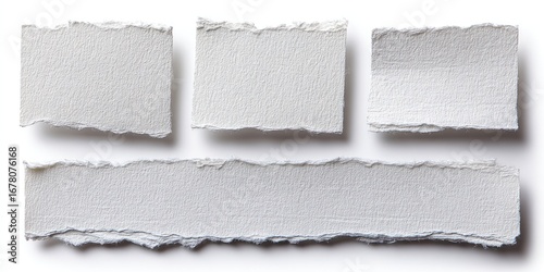 Four torn pieces of textured white paper cast shadows against a white background