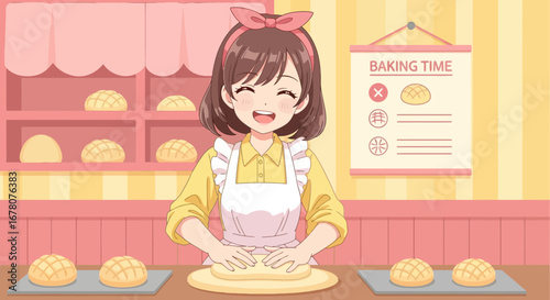 Cheerful manga-style baker kneads dough for melon bread in her sweet bakery