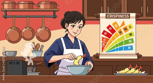 Preparation of Traditional Japanese Tempura Dish, Skillful Technique in Cozy Kitchen Setting