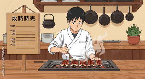 Eel cuisine preparation by a cook at a traditional Japanese restaurant