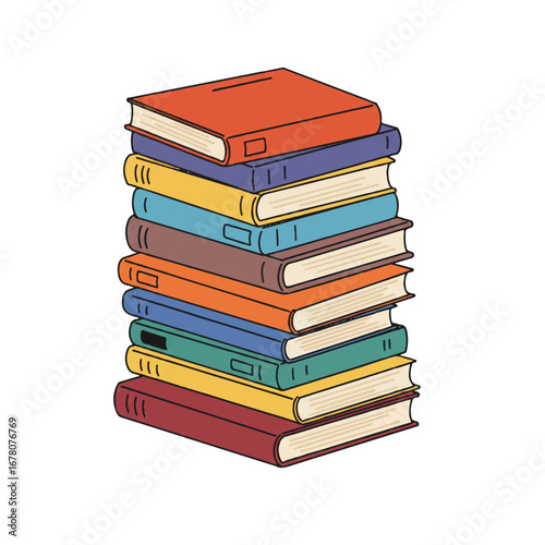 Colorful closed books are neatly stacked, creating a vibrant pile against a clean white background, depicted in a minimalist 2D flat illustration style.