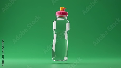 Plastic bottle levitates against green backdrop; studio shot, product mockup
