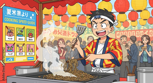 Energetic yatai vendor cooking yakisoba at a festive summer food stall celebration