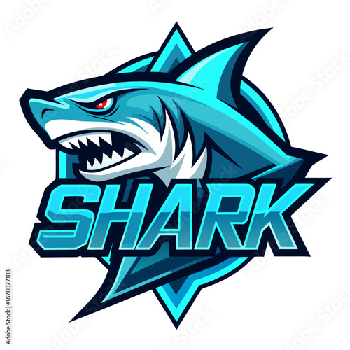 Icy Blue “SHARK” Text Logo with Neon Glow and Diagonal Shadows