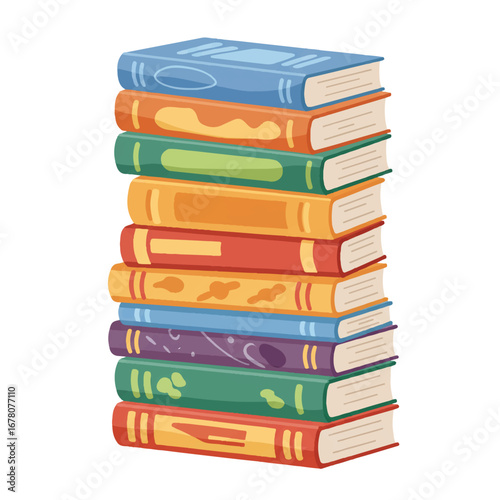 An educational stack of vibrant, colorful textbooks is presented in a clean flat 2D illustration, isolated on a bright white background, symbolizing knowledge and academic learning.
