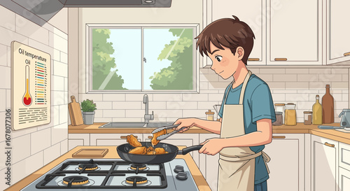 Cartoon illustration of a young man cooking fried chicken in a bright kitchen