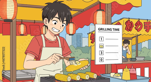 Animated character cooking corn on the cob at a vibrant Japanese food stall
