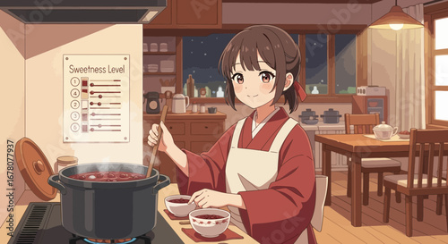 Anime style scene of a young woman cooking a sweet recipe at cozy kitchen