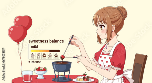 Anime girl making chocolate fondue with strawberry, heart balloons, and sweetness balance diagram