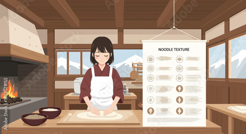 Traditional japanese noodle making process in a rustic kitchen setting illustration