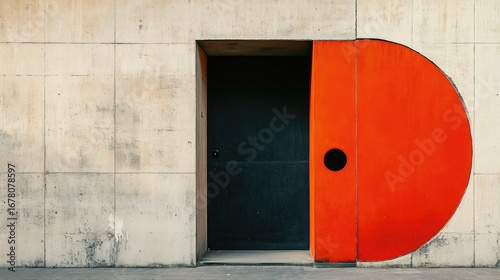 Orange half circle door partially open revealing a dark interior set in a concrete wall facade