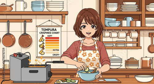 Anime-style cooking scene: Girl preparing tempura in a cozy vintage kitchen