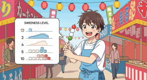 Anime illustration of a young vendor selling Dango with sweetness level chart at market