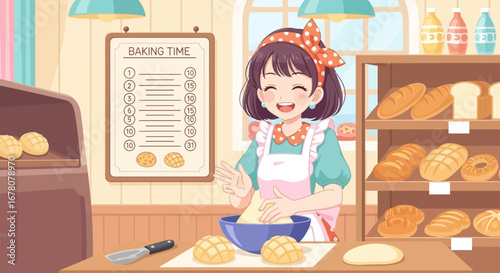 A delightful baker preparing dough in a quaint bakery environment cartoon