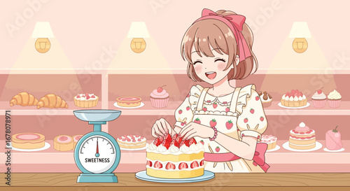 Anime Baker Decorating Strawberry Cake with 'Sweetness' Scale in Bakery Setting