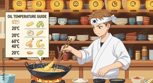 Anime-style chef frying tempura with oil temperature guide in a Japanese kitchen