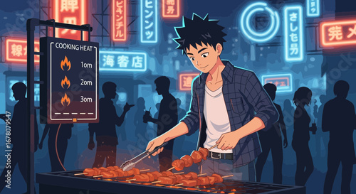 Animated street food vendor cooking skewers with vibrant neon signs behind