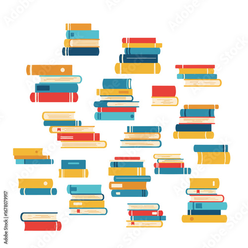 Colorful vector piles of novels and textbooks are neatly stacked in a flat 2D illustration, isolated on a clean white background, perfect for education concepts.