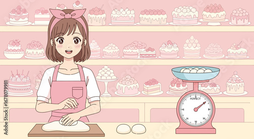Anime style girl in a bakery shop with a display of cakes in the background