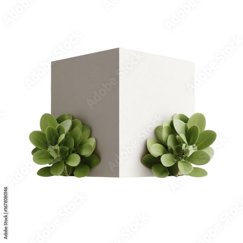 A Clean White Cube With Green Foliage On Either Side On A Transparent Background