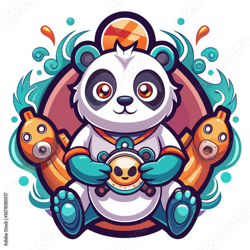 Panda Warrior Holding Joystick with Tribal Swirls in Soft Vector Gradients