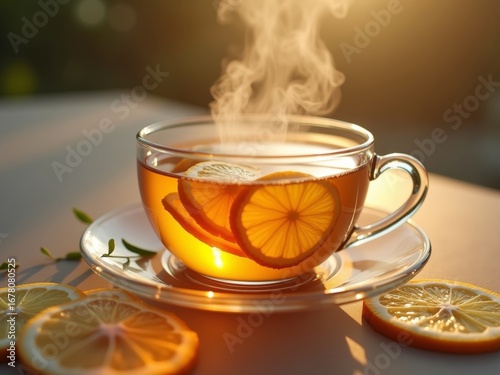 A warm and inviting closeup photograph of a soothing cup of herbal tea in a glass mug, with a slice of citrus. The golden light creates a cozy and relaxing atmosphere perfect for a quiet moment