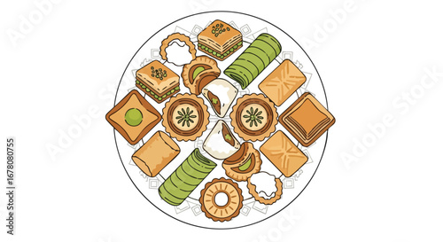 An assortment of Middle Eastern pastries, including baklava, on a plate.