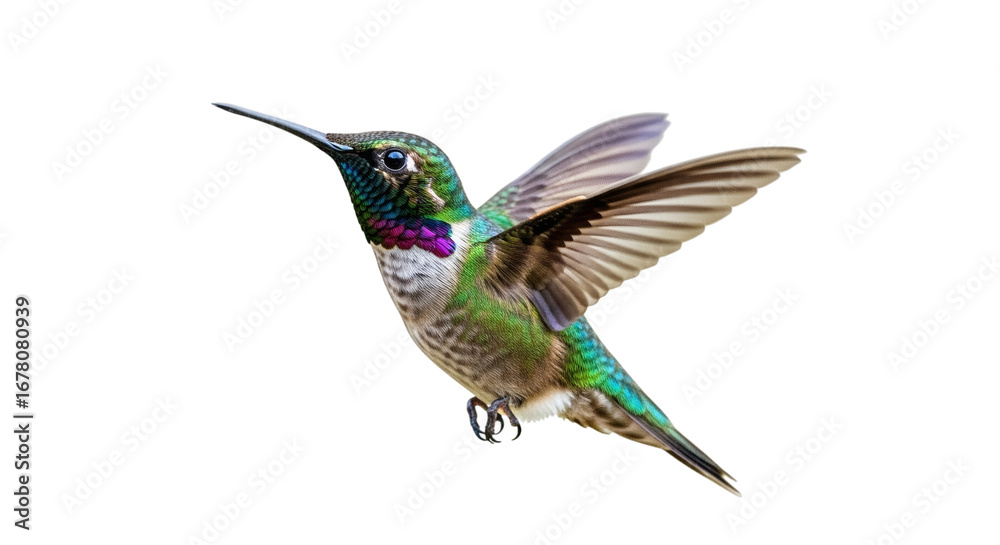 Fototapeta premium Magnificent hummingbird displaying its vibrant iridescent plumage against stark black backdrop, creating a captivating visual.
